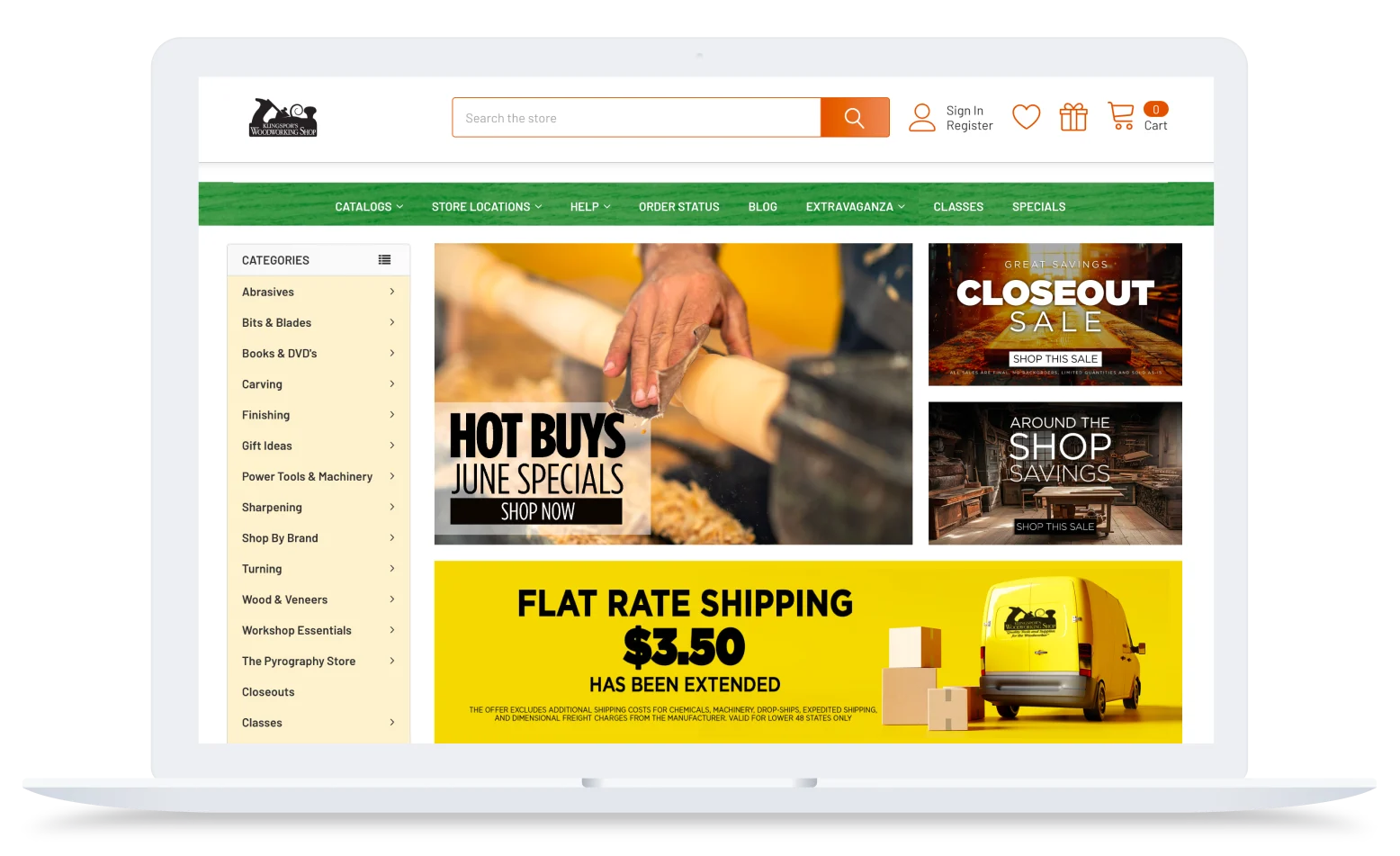Woodworking store website showing June specials banner, closeout sale ad, shop savings promotion, and flat rate shipping offer.