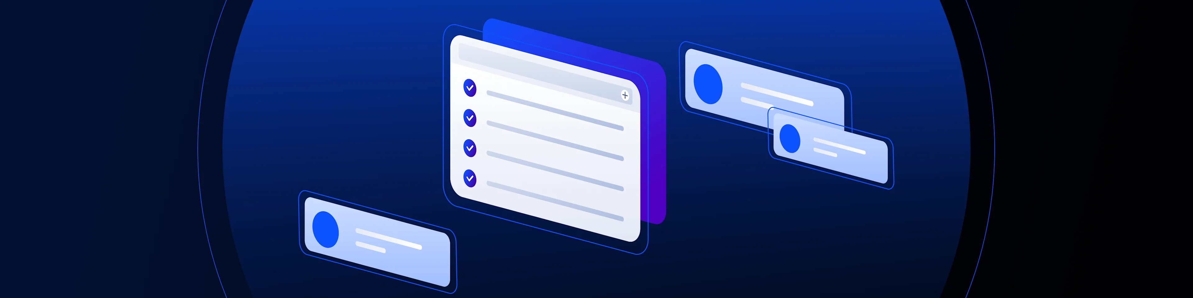 Isometric illustration of a checklist panel with checked tasks and floating message boxes, representing project management.