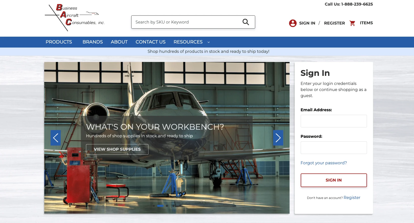 Homepage for Business Aircraft Consumables (BAC) website, showing MRO supplies and a sign-in form.