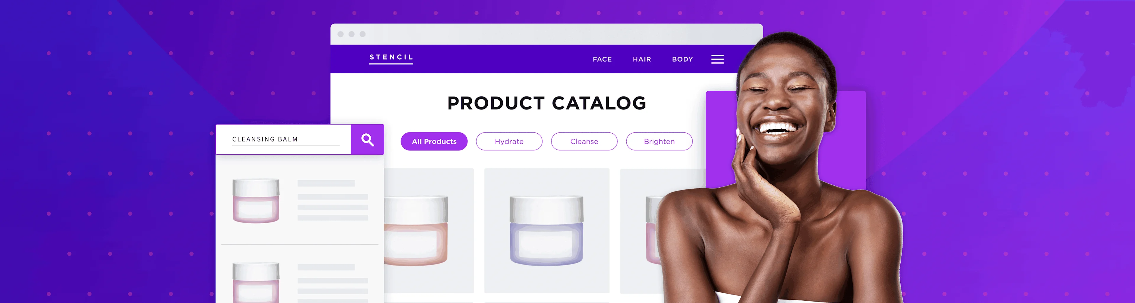 Smiling woman in front of a digital skincare product catalog on a purple background with jars and search bar visible.