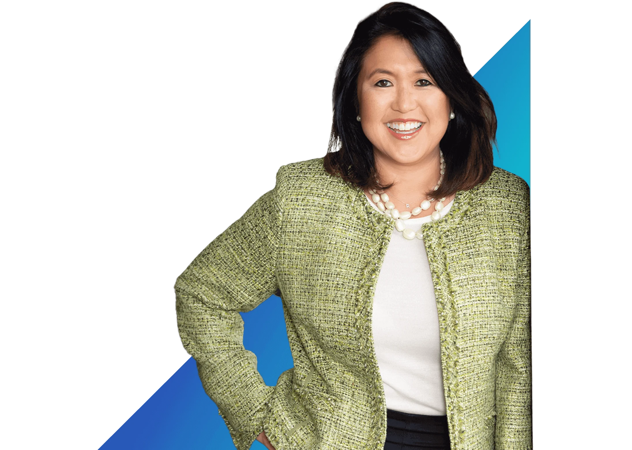 Photo of Rosie Rivel - Wearing lime green tweed jacket and pearl necklace against a green and blue geometric background.