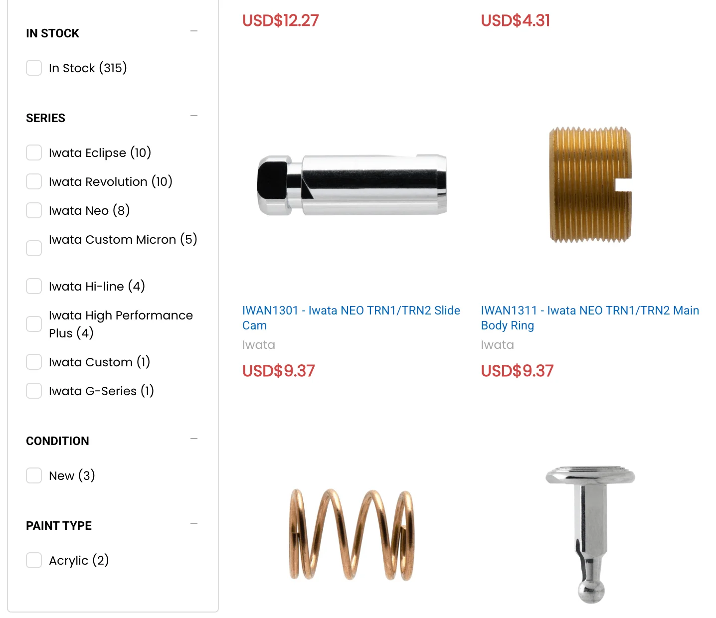 Product listing showing Iwata airbrush parts with filter options on left and product images with prices in USD on right.