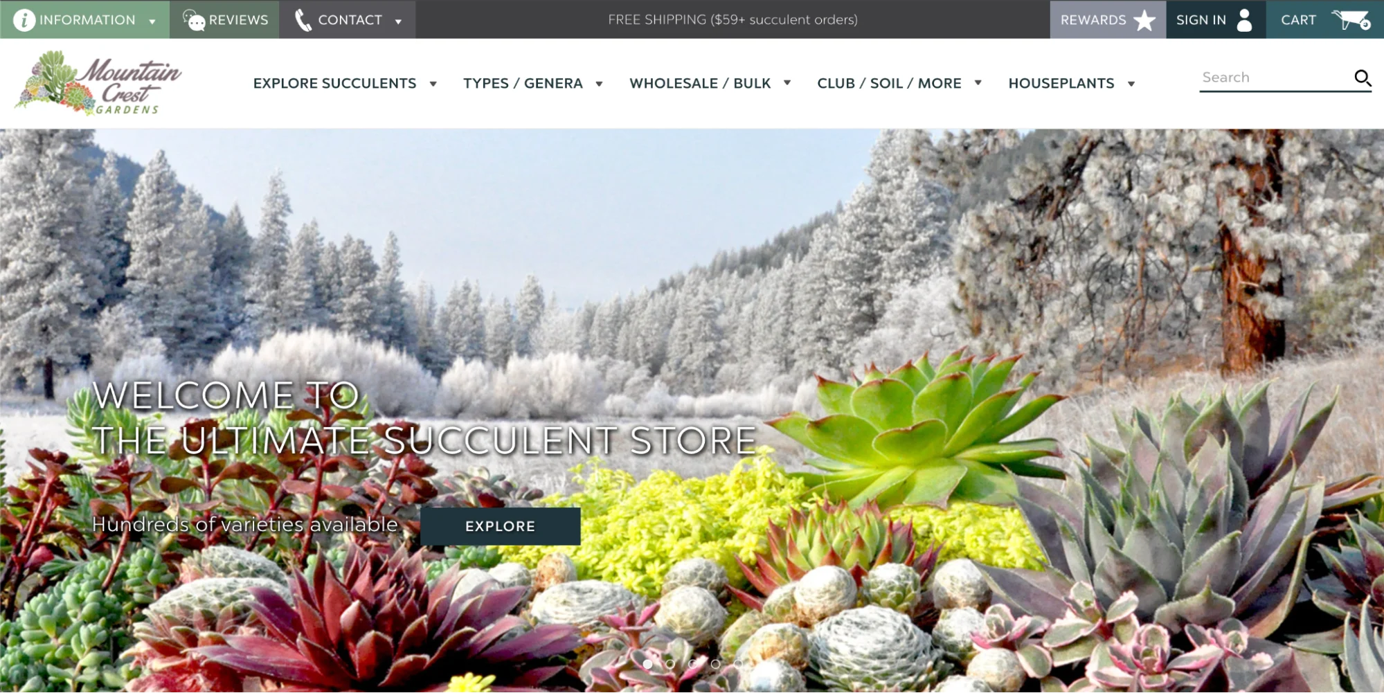 Mountain Crest Gardens hero banner featuring hundreds of succulent varieties available for online purchase.