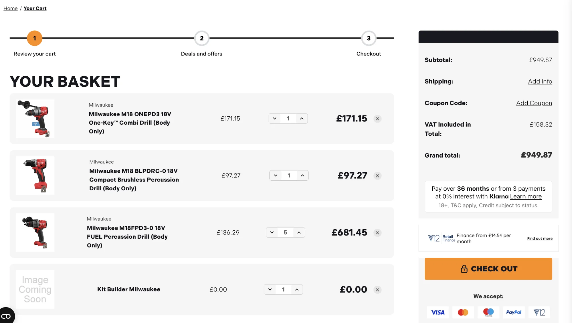 Review your cart page for Milwaukee M18 power tools with subtotal, VAT, and secure checkout button.