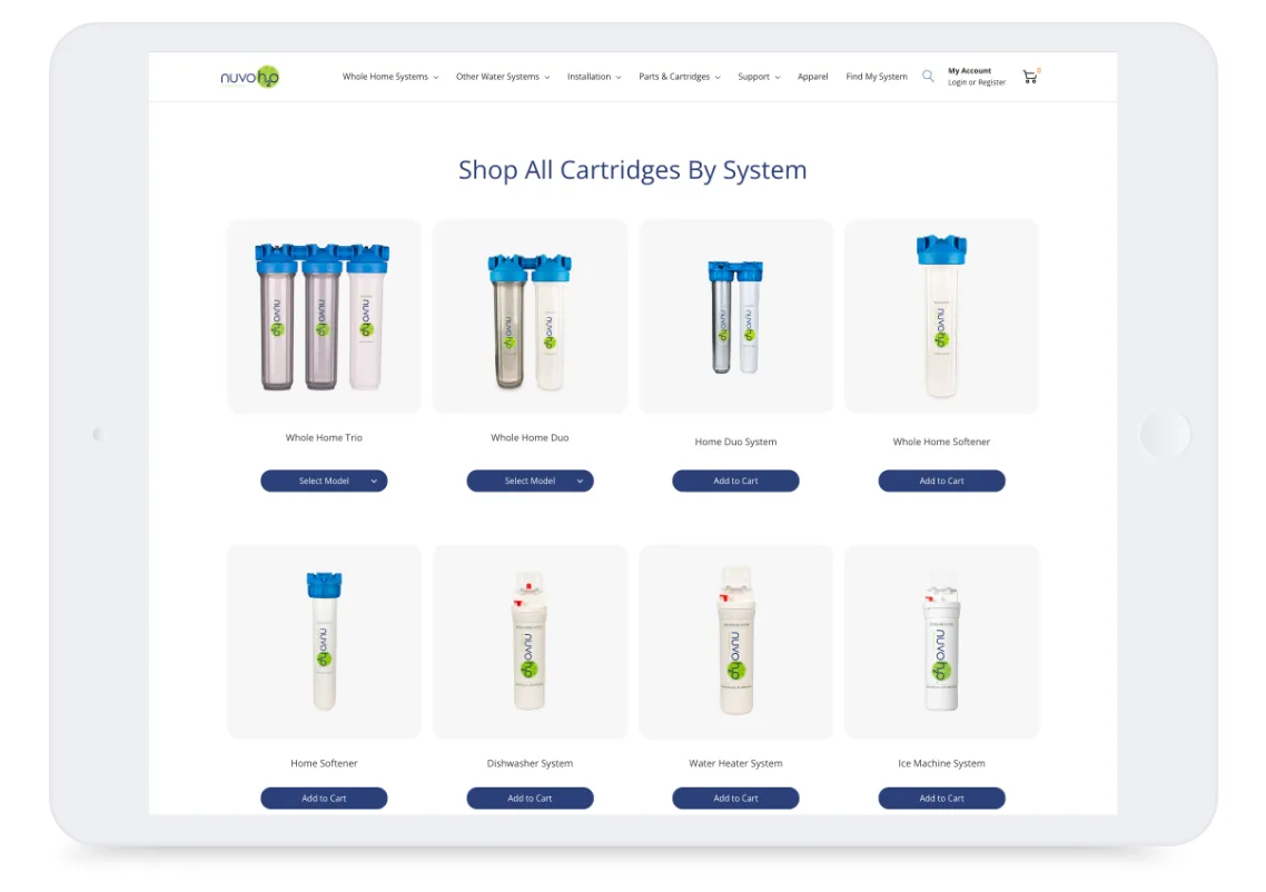 Tablet screen displaying a website page with various water filter cartridges, each with blue or white tops, for sale.