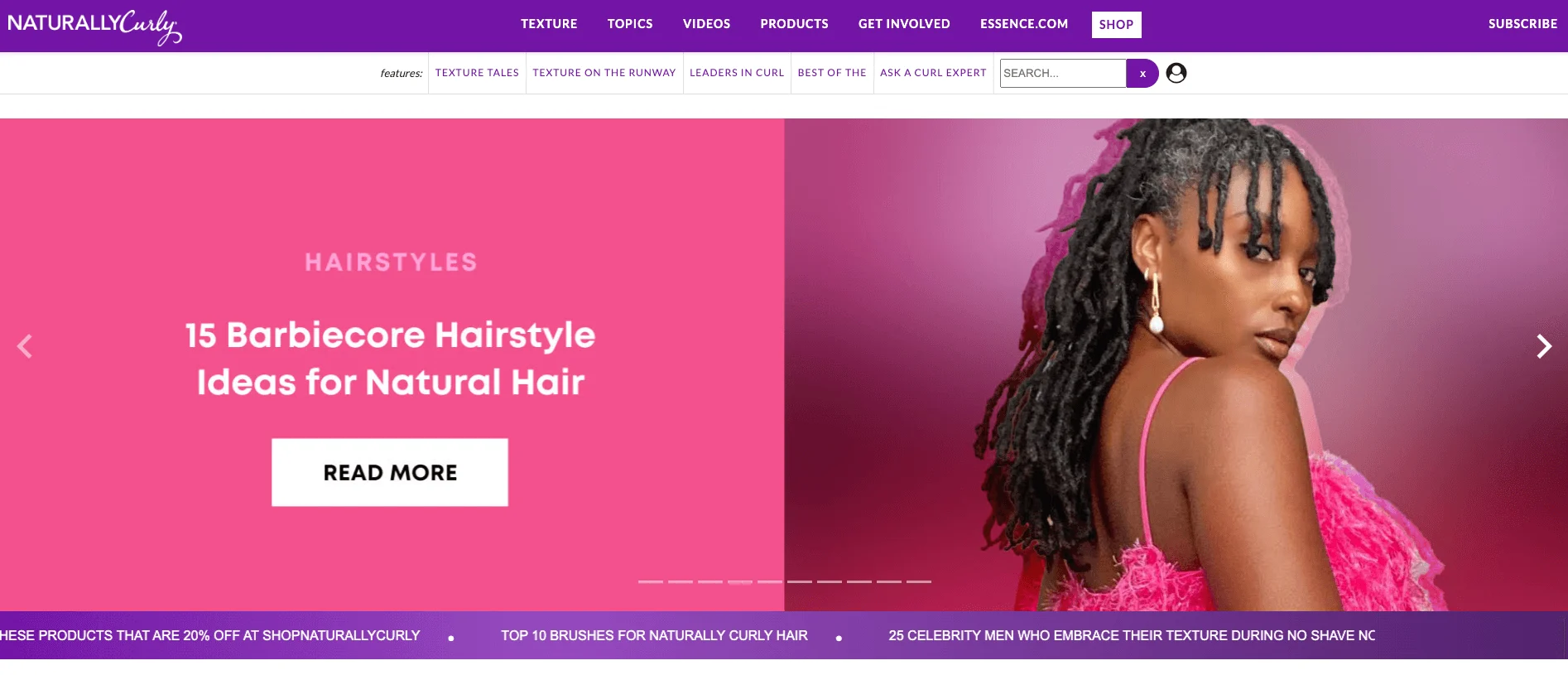 Woman with natural curly hair in a pink top poses on a pink and purple background next to text about Barbiecore hairstyles.