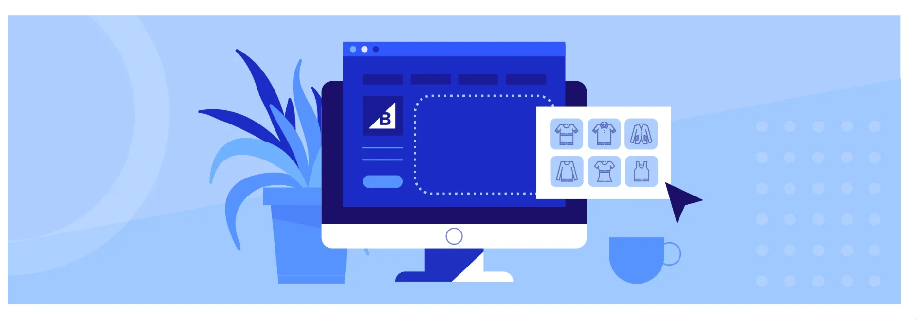 Illustration of a computer screen displaying a digital storefront editor with apparel icons and a blue workspace.