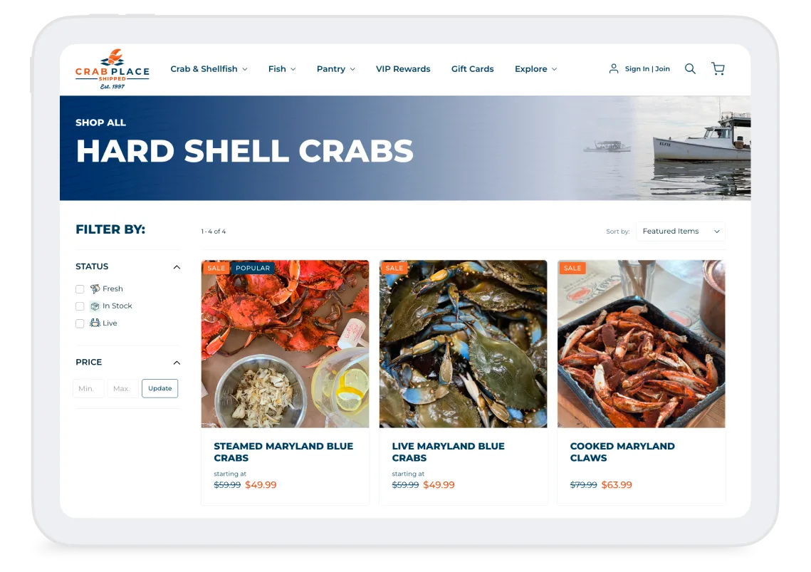The Crab Place hard shell crabs category page on a tablet, showcasing product listings with filters and pricing options.