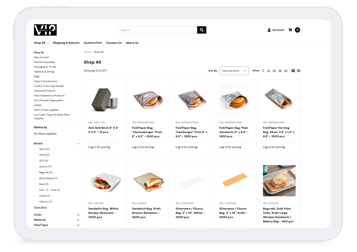 Ipad showing an online shop page with a grid of food packaging products like foil sandwich and hot dog bags.