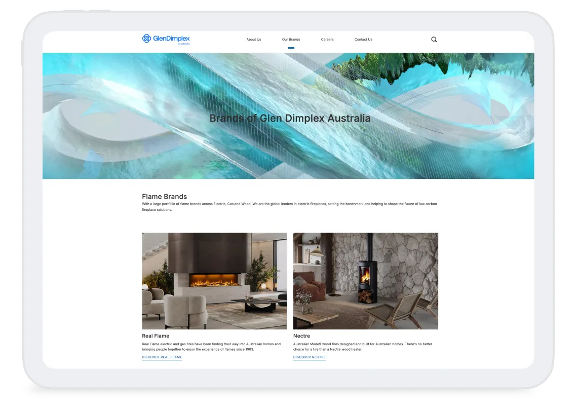 Tablet view of Glen Dimplex Australia’s brands page, featuring Real Flame and Nectre wood fireplaces under the Flame Brands portfolio.