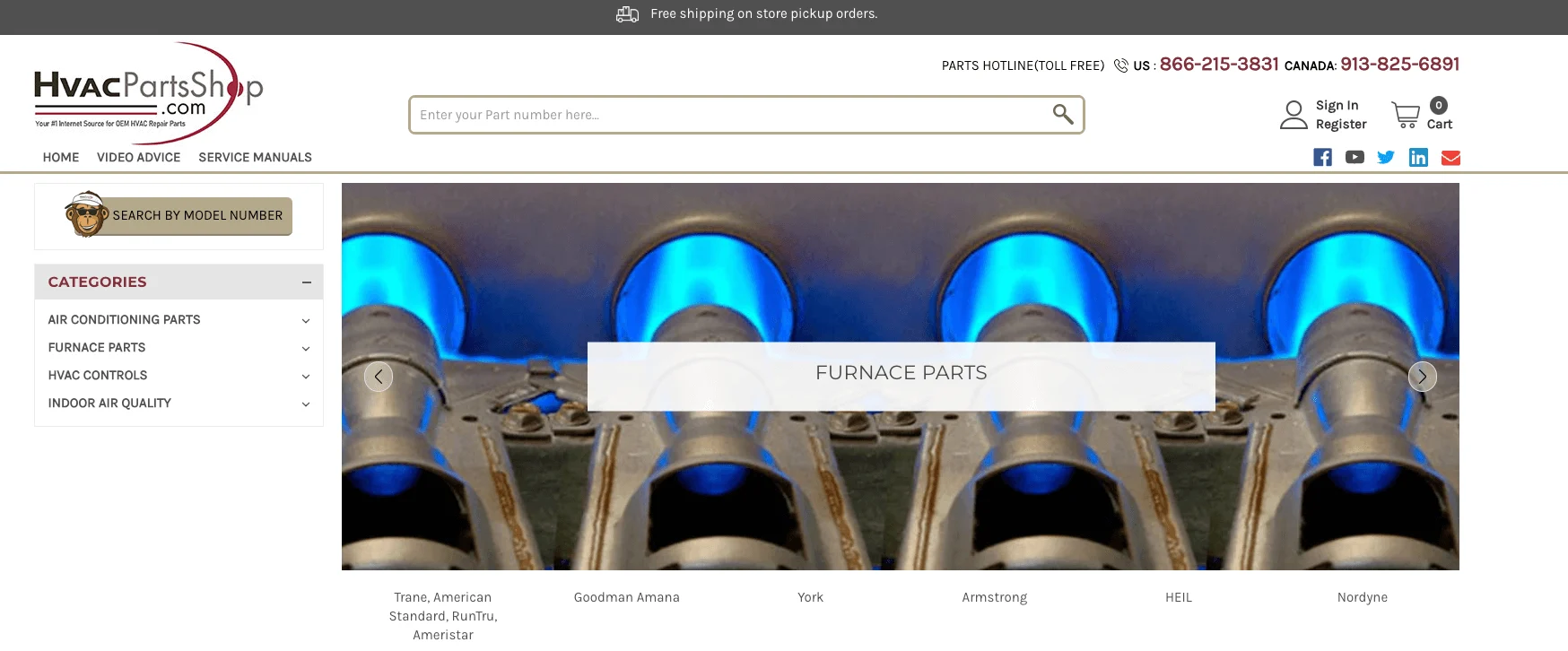 Close-up of furnace burners with bright blue flames, highlighting the "Furnace Parts" section on a website.