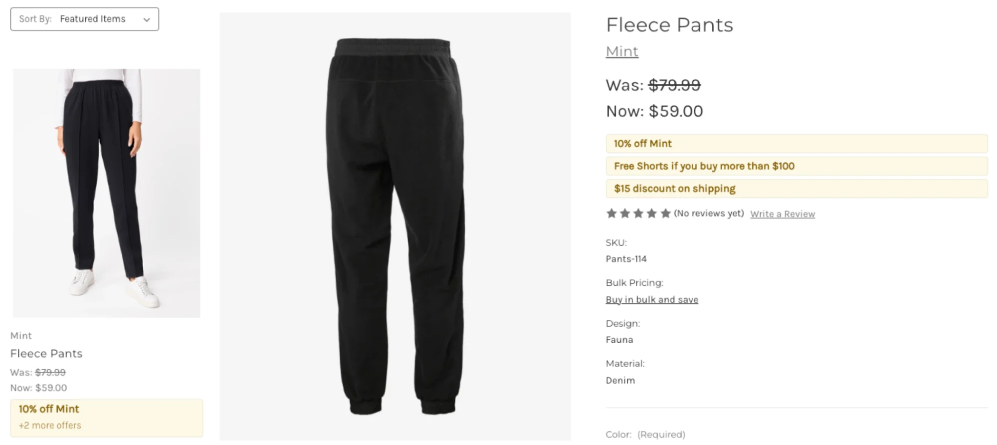 Black fleece pants product page showing front and back views with pricing, promotional offers, and product details.