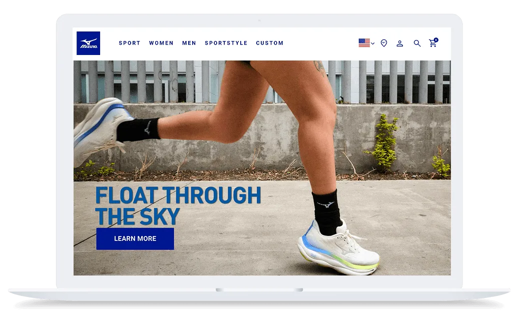 Runner's legs in white Mizuno shoes with blue and green sole against concrete wall, text reads "Float Through The Sky"