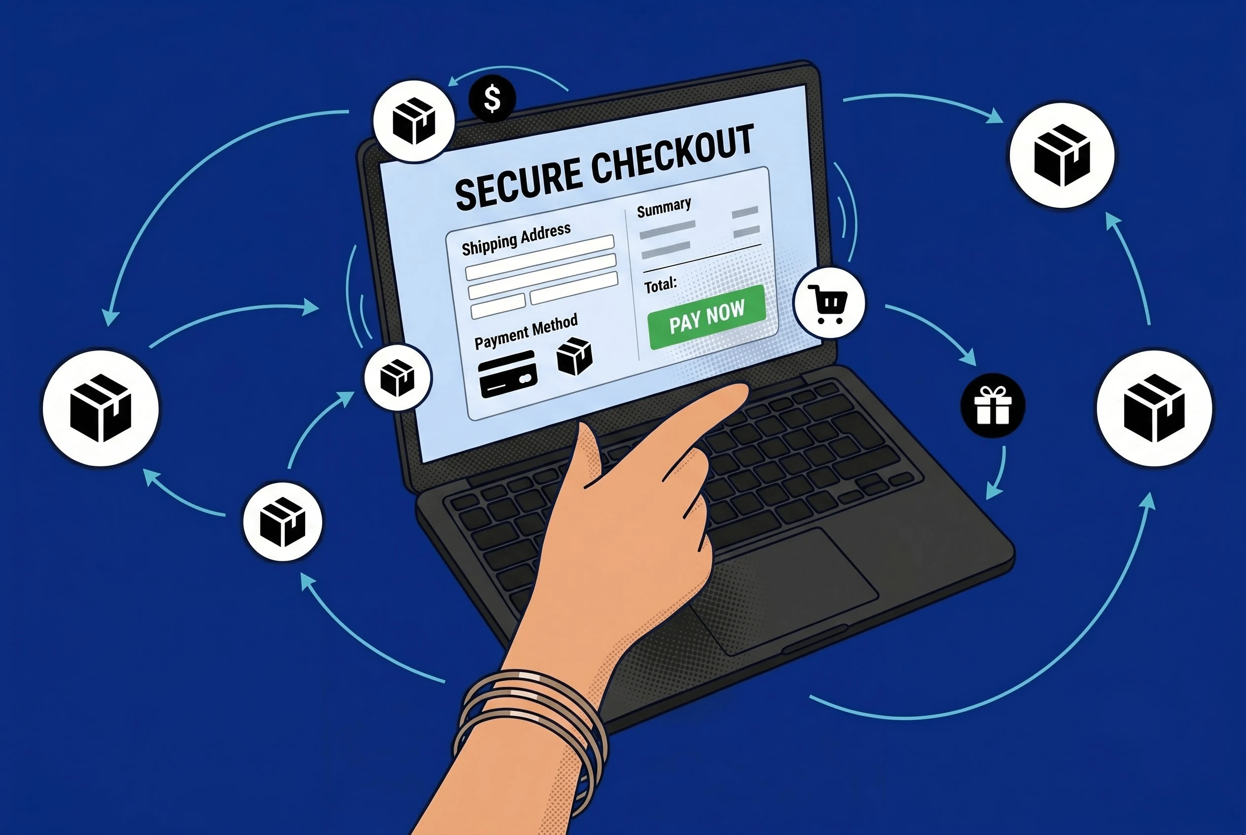 Hand using laptop showing secure checkout page with shipping and payment fields, surrounded by package and cart icons on blue.