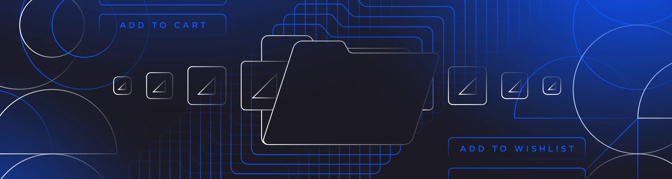 Abstract illustration of folders, product selection checkboxes, and buttons labeled 'Add to Cart' and 'Add to Wishlist,' symbolizing product categories.