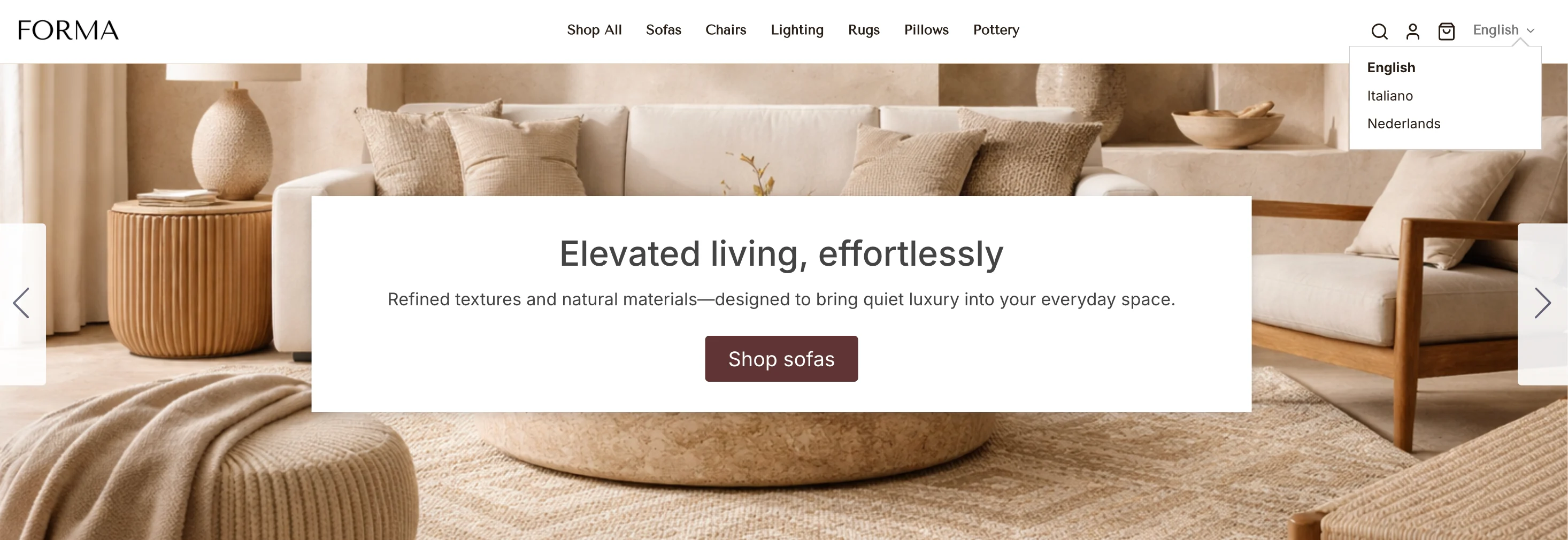 FORMA furniture homepage banner showing beige sofa and chair in neutral living room with “Shop sofas” button.