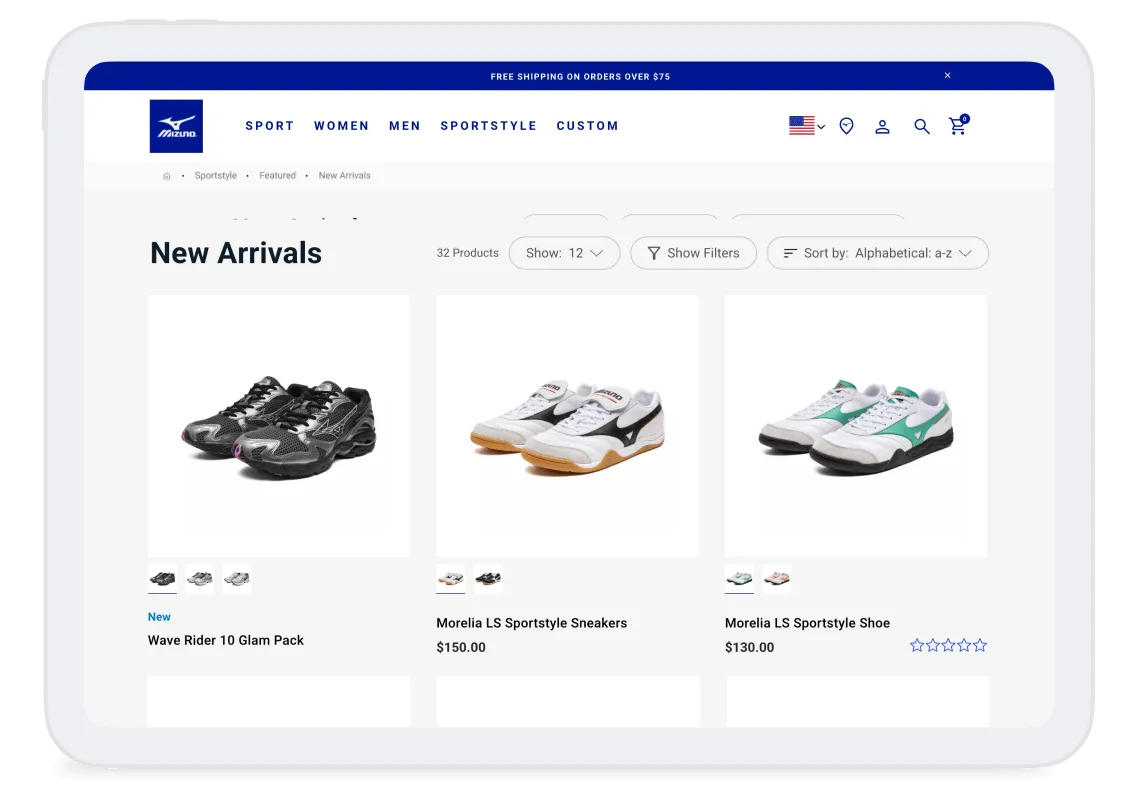 Mizuno website showing New Arrivals page with three athletic shoes displayed: black Wave Rider, white Morelia sneakers, and white-green Morelia shoes.