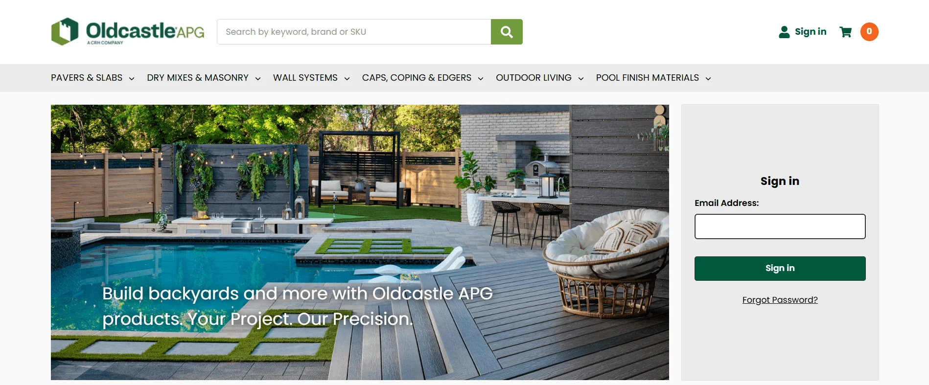 Oldcastle APG website showing outdoor living product categories including pavers, slabs, masonry, and wall systems.
