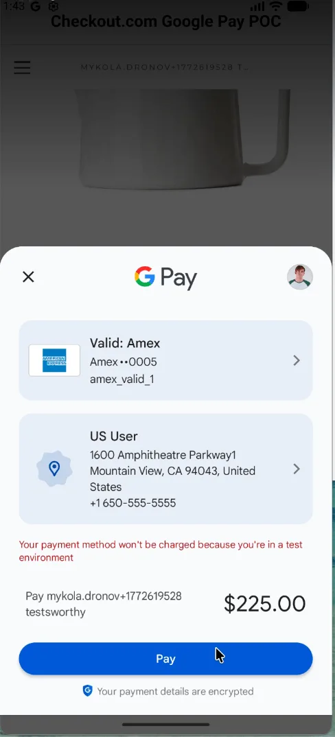 Google Pay mobile checkout interface showing a $225.00 payment summary, American Express card selection, and shipping address.