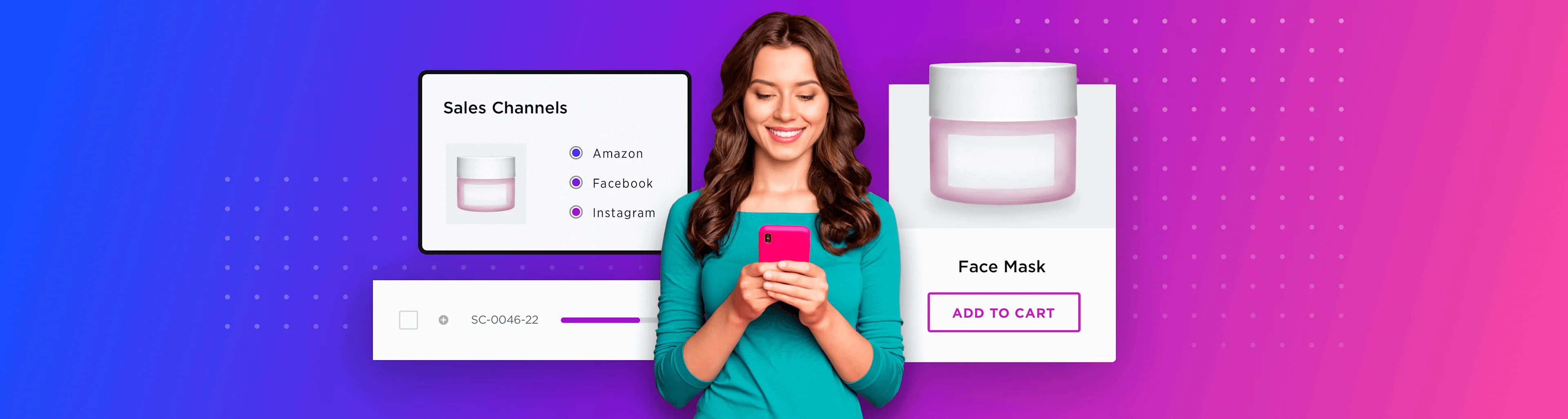 Smiling woman using a smartphone, with face mask product details and sales channel options on a blue to pink gradient background.