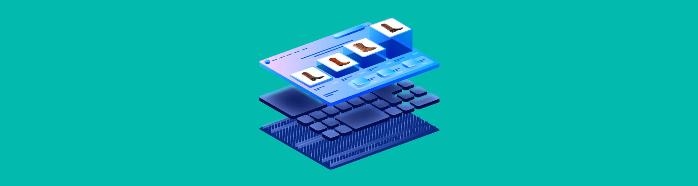 An isometric layered commerce stack showing storefront UI above orchestration and infrastructure layers, on a light green background.