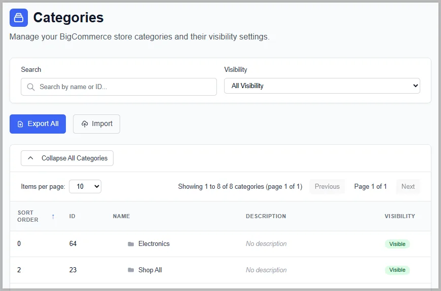 BigTools category table