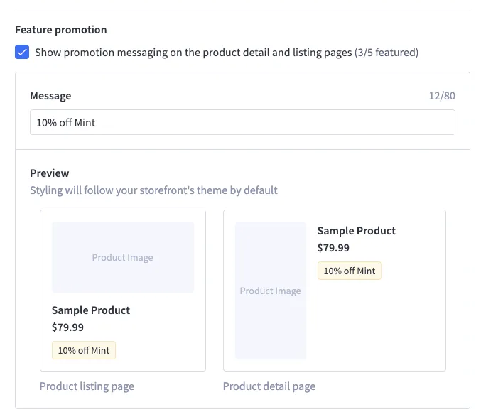 Feature promotion settings showing a checked option to display "10% off Mint" message on product pages with preview examples.