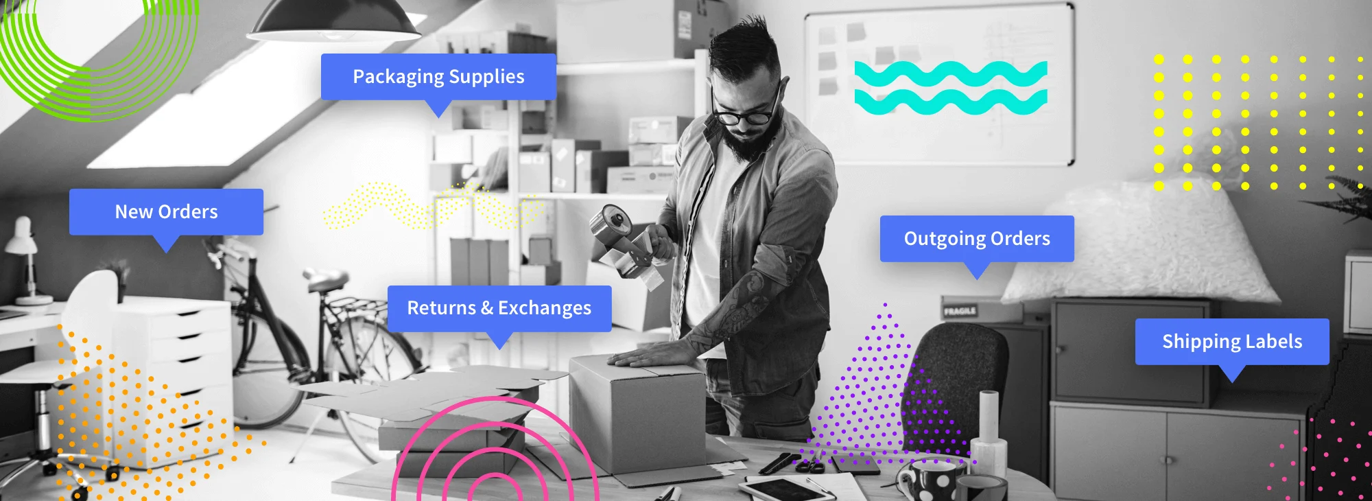 Man packing a box in a home office, surrounded by labeled tasks like new orders, shipping labels, and packaging supplies.