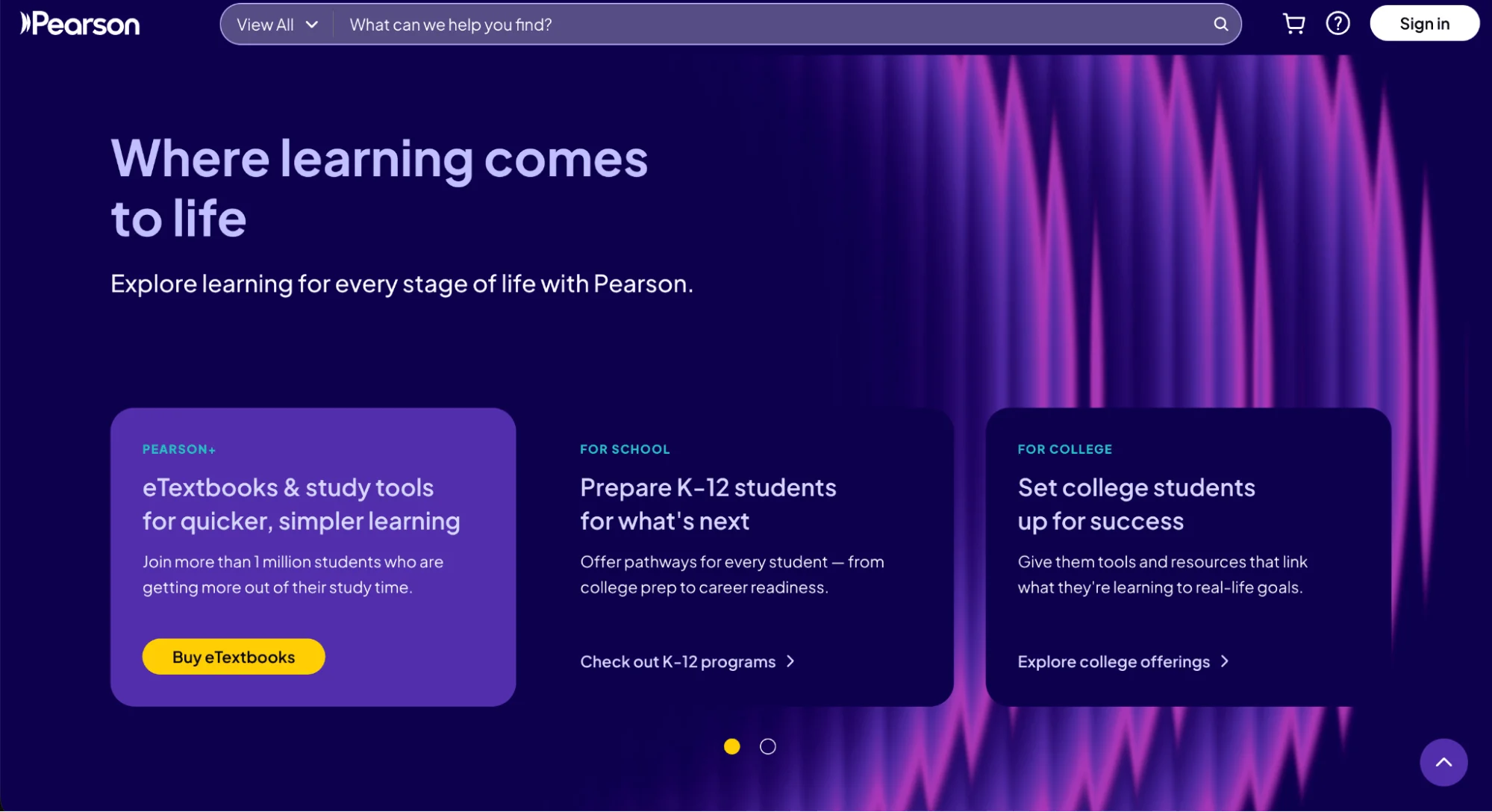 Pearson homepage showing pathways for eTextbooks, K-12 programs, and college success tools.