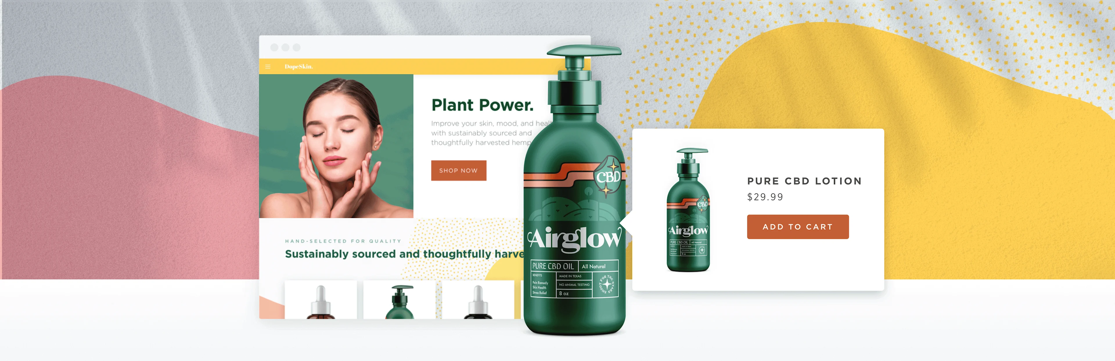 Green bottle of Airglow CBD lotion with website and product listing, featuring a woman touching her face, colorful background.