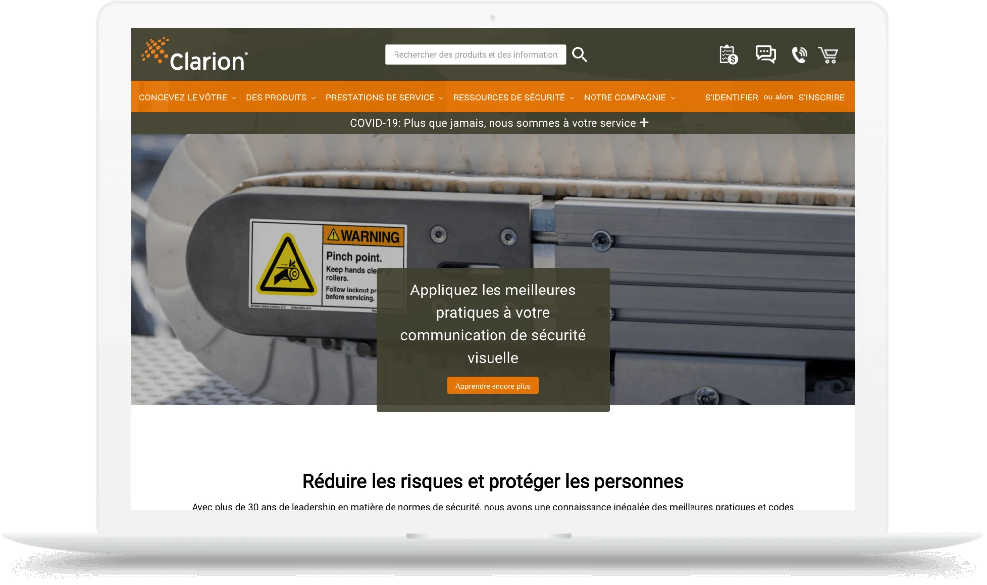 Laptop screen showing Clarion website with a yellow warning label on machinery and French safety communication text overlay.