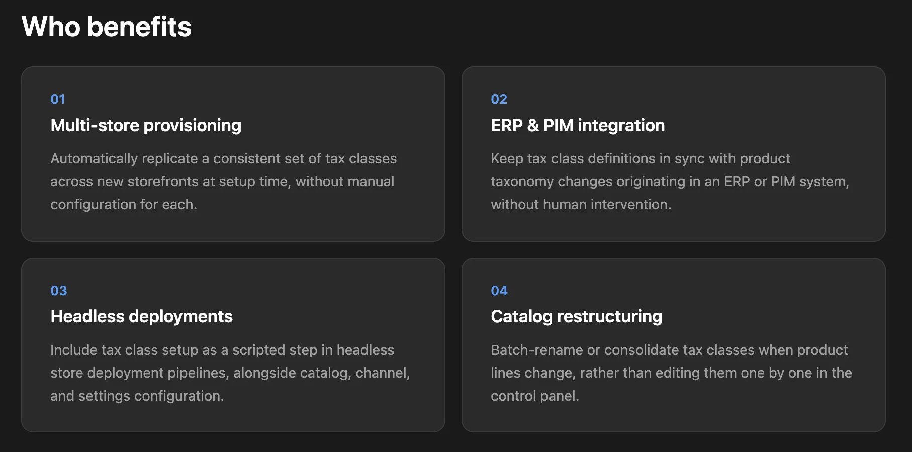 Four charcoal cards on a dark background that showcase benefits of tax classes.