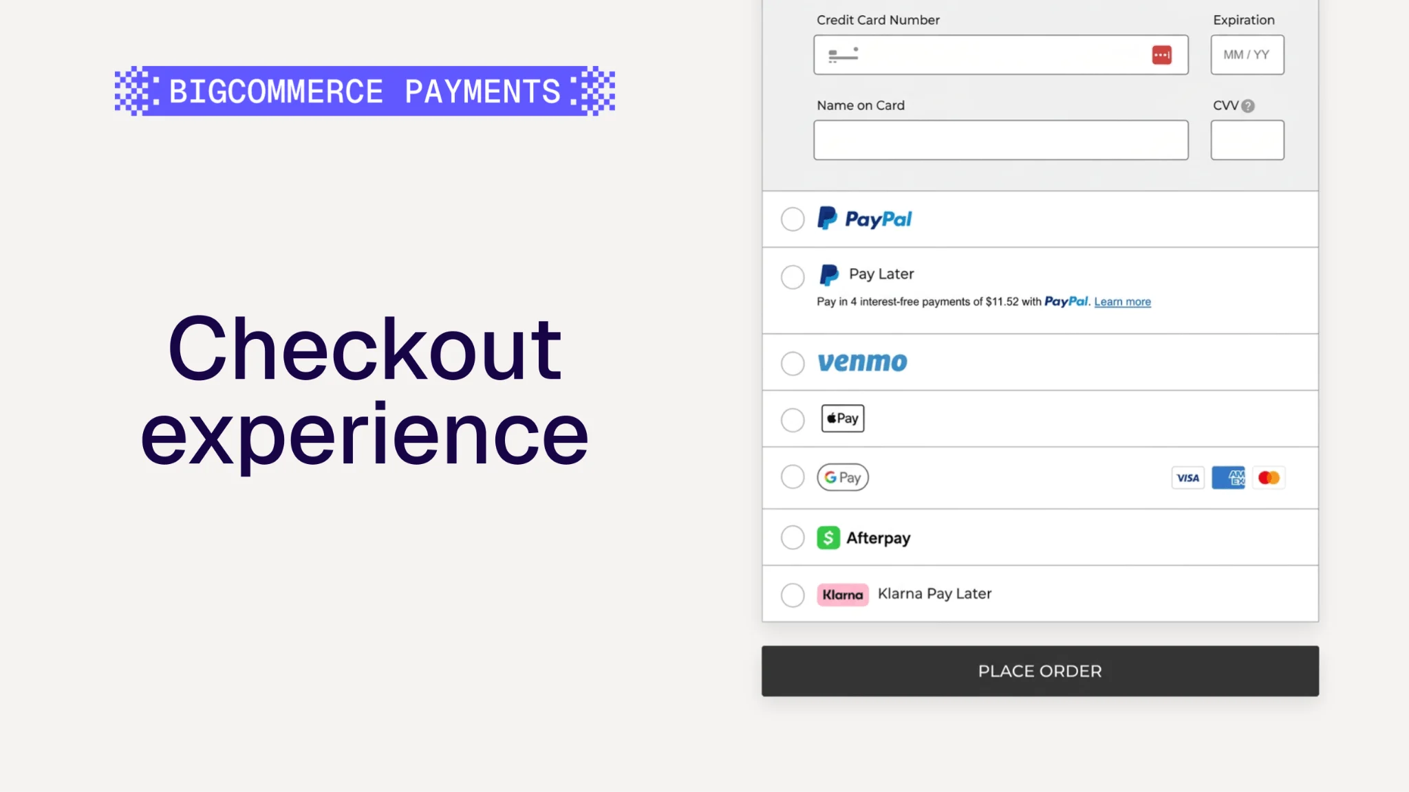 A graphic that showcases Bigcommerce's robust checkout experience options.
