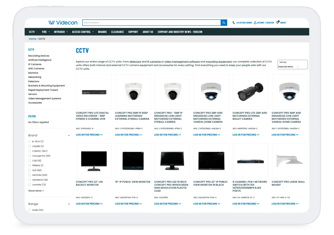 Videcon's BigCommerce storefront displayed on a tablet, showing the CCTV product category page with brand filters and trade pricing prompts.