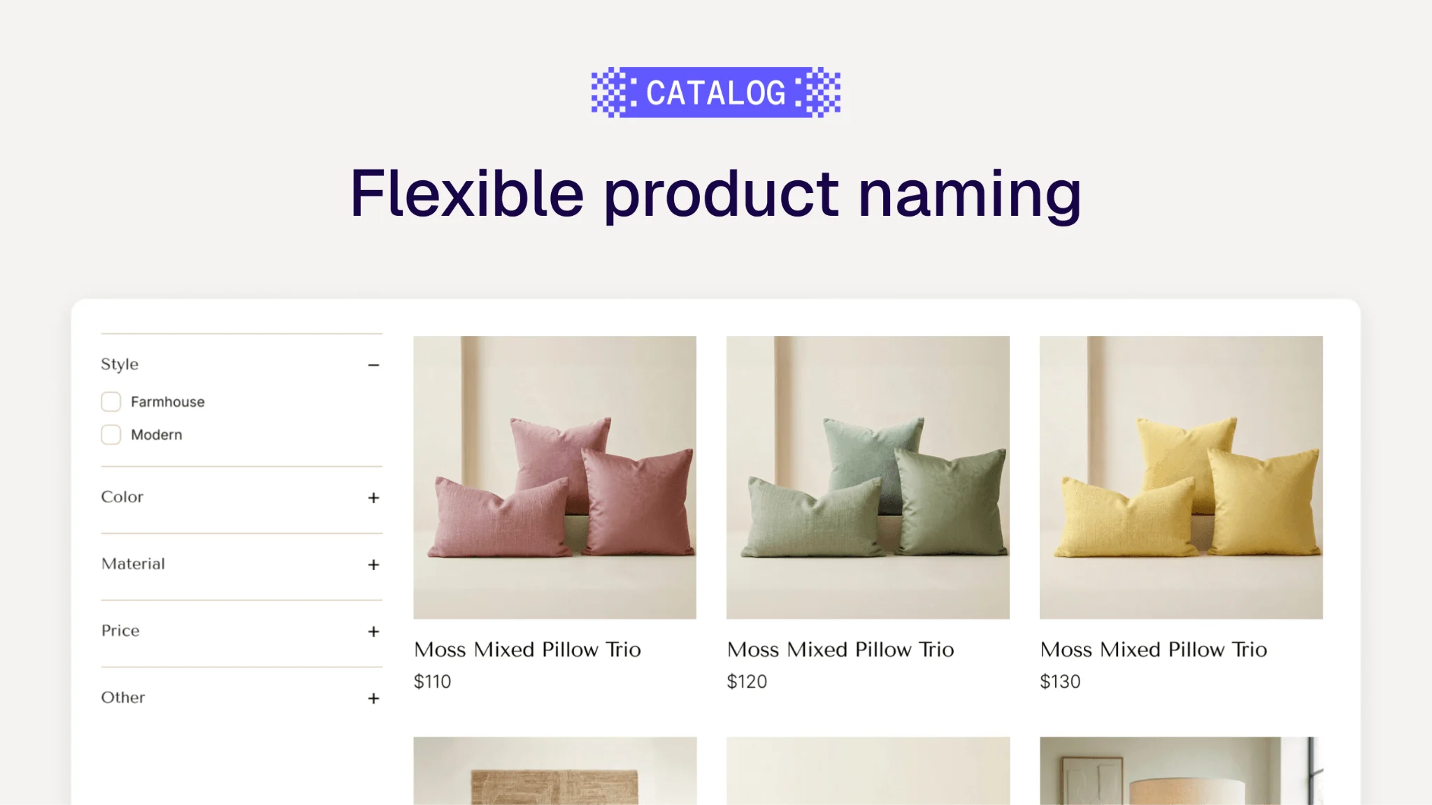 A website screenshot that showcases flexible product naming for various colours of pillows.