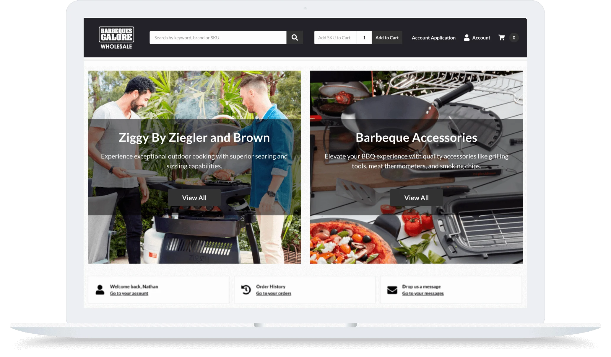 Laptop screen displaying the Barbeques Galore Wholesale website, promoting Ziggy by Ziegler and Brown grills and Barbeque Accessories.