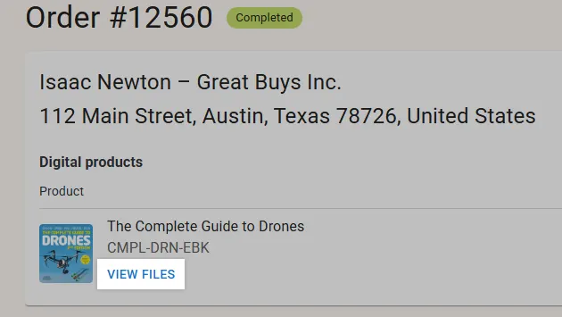 The View Files action displayed under a digital product while viewing an order in the Buyer Portal.