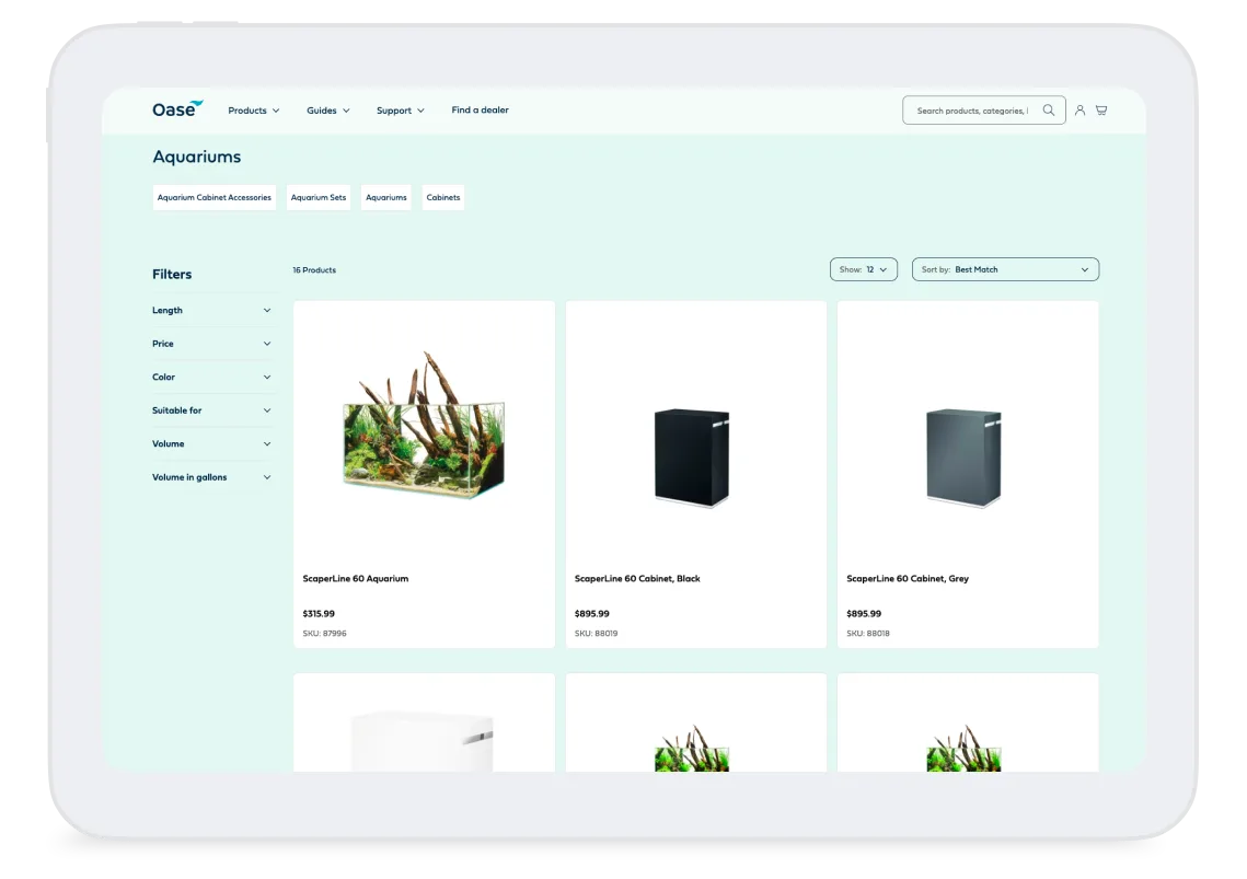 Oase aquarium product catalog page showing ScaperLine 60 aquarium and cabinet options with filters and sorting menu.