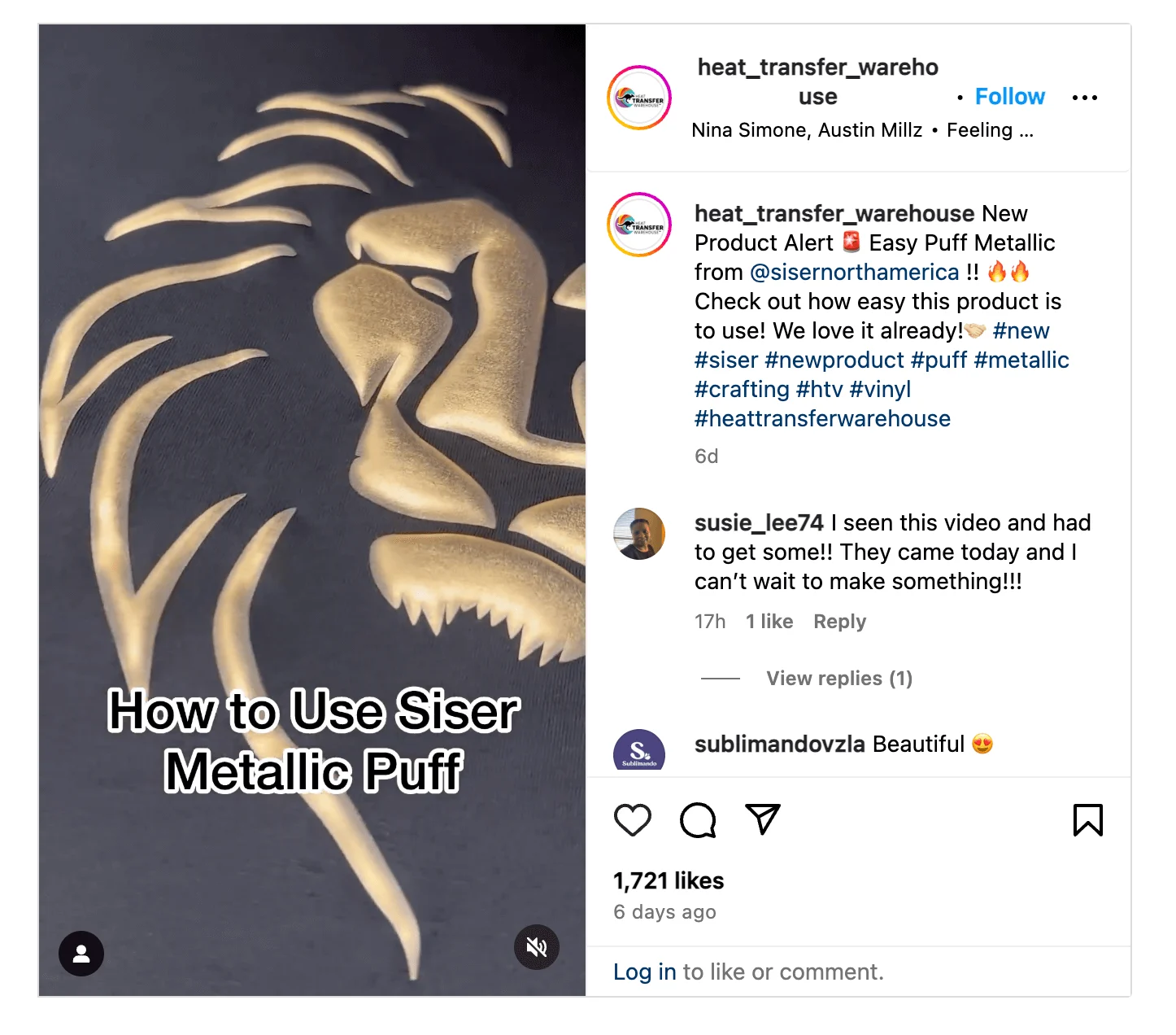 Gold metallic puff vinyl forming a stylized lion head on black fabric, with text reading "How to Use Siser Metallic Puff."