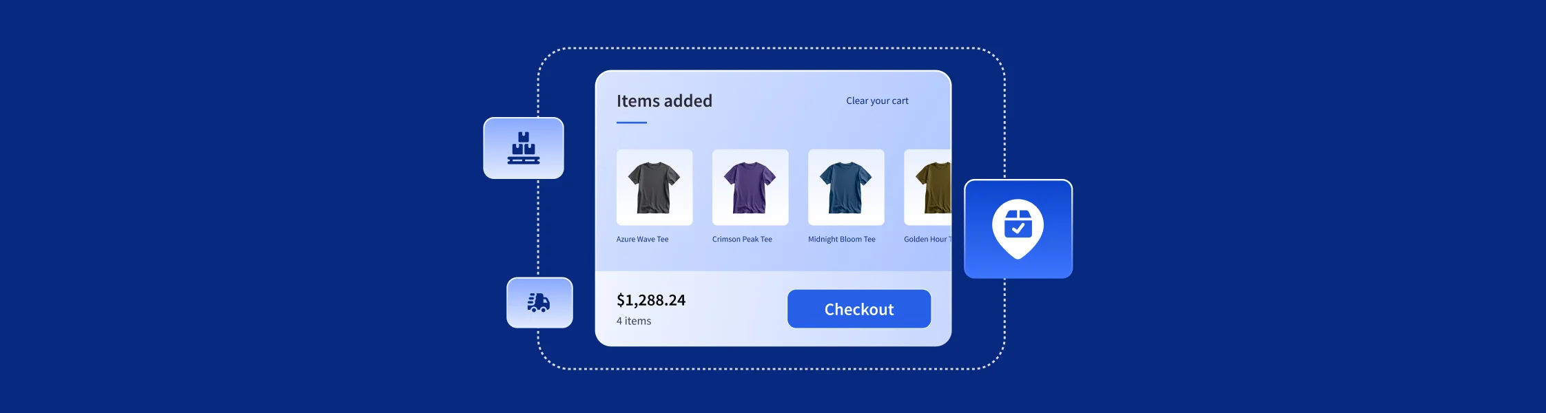 Shopping cart interface showing 4 t-shirts totaling $1,288.24 with a blue checkout button on a navy background.