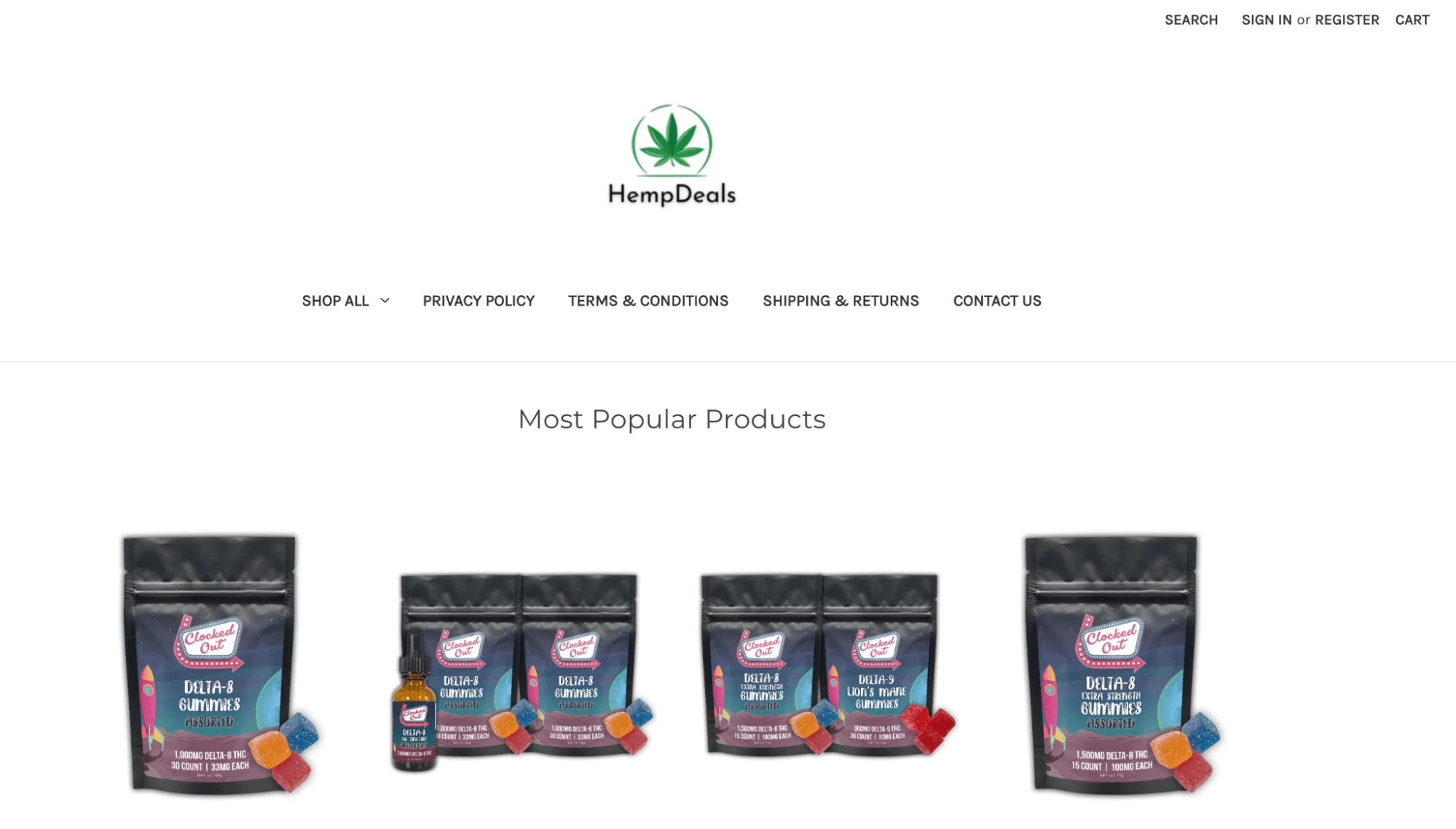 HempDeals website page showing assorted Delta-8 and Delta-9 gummy products in colorful packaging under Most Popular Products.