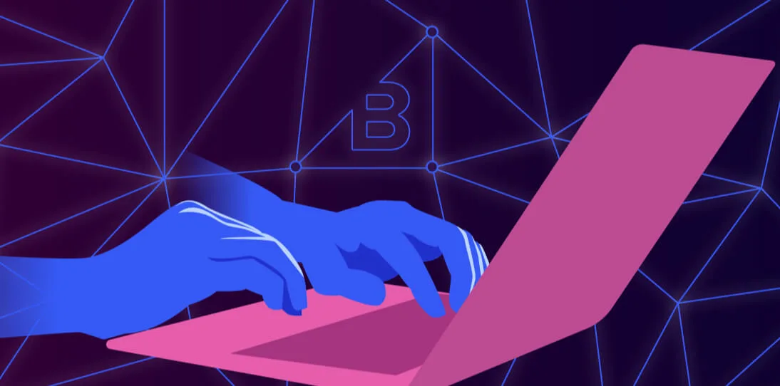 Blue stylized hands typing on a pink laptop against a dark geometric network background with a letter B logo.