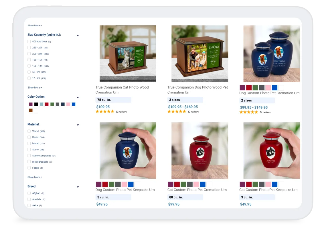 Mainely Urns product category page showing customizable cremation urns for pets with size, color, and material filters.