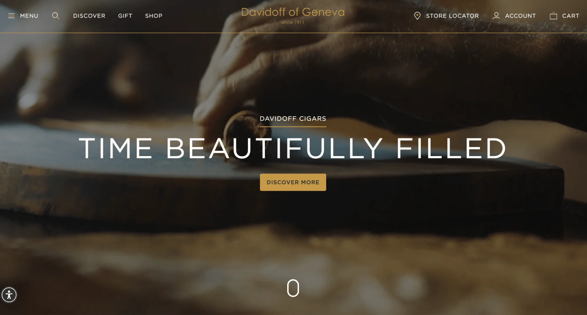 Close-up of hands working with a Davidoff cigar on a wooden surface, with the text "Time Beautifully Filled" and "Discover More."