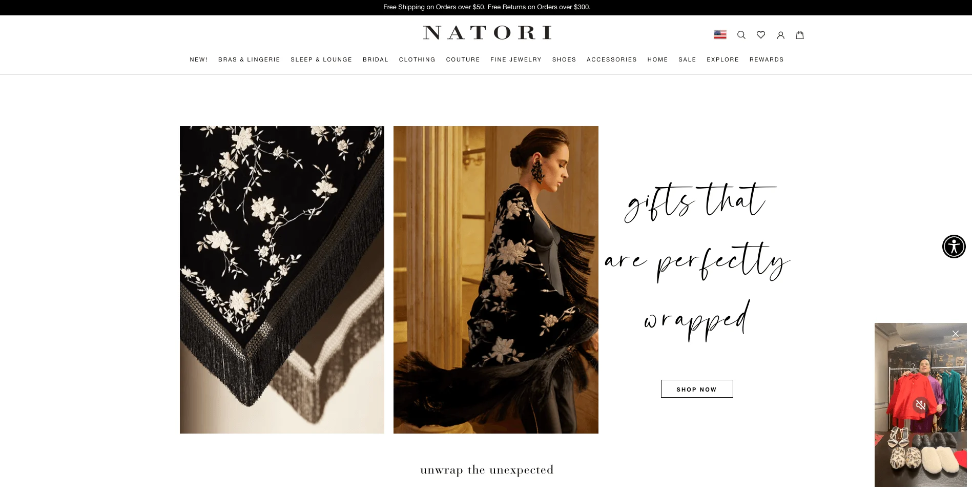 Two images show a black floral embroidered shawl, one close-up and one worn by a woman in an elegant setting.