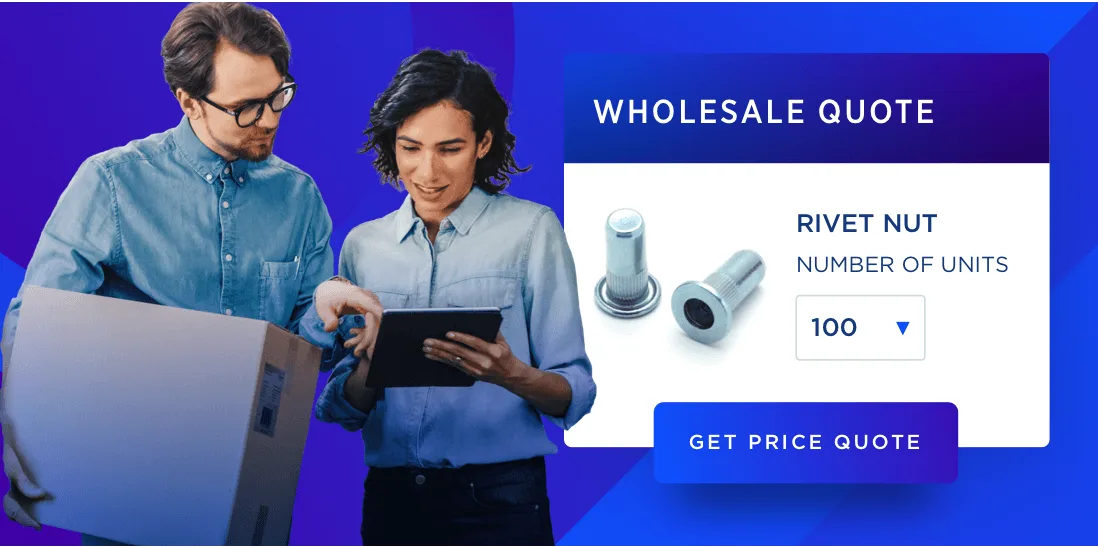 Two people in denim shirts review a tablet next to a wholesale quote form for rivet nuts on a blue background.