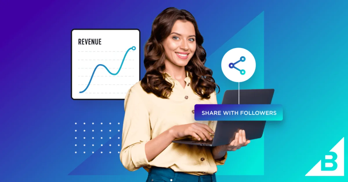 Smiling woman holding a laptop with upward revenue trendline and social sharing logo