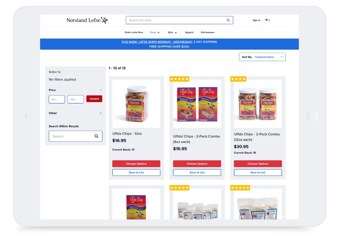 Tablet screen showing Norsland Lefse online store with Uffda Chips products, prices, and filter options on the left.