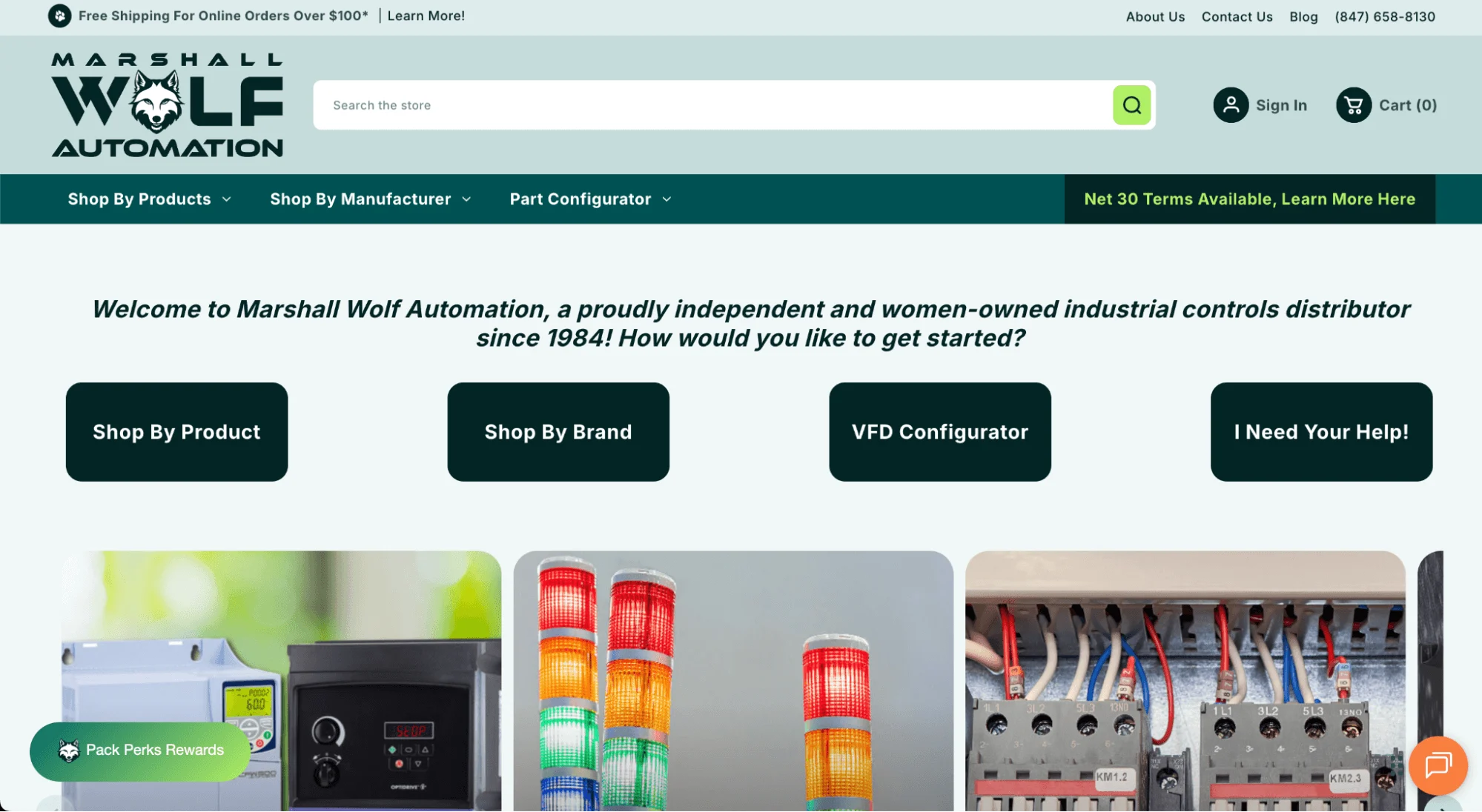 Marshall Wolf Automation homepage with search bar, navigation menus, call-to-action buttons, and images of industrial products.