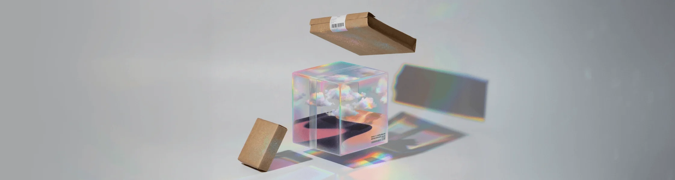 Floating package boxes and a surreal transparent container reflecting rainbow light for ecommerce concepts.